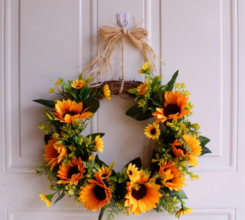 14 Inch Front Door Wreath with Sunflower and Green Leaves Spring Summer All Year Round Wreath for Outdoor Indoor Farmhouse Wedding Wall Or Window Deco