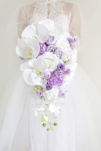 Wedding Cascading Bride Bouquets-Artificial Wedding Flower White Phalaenopsis Rose Bouquet, Lavender Satin Ribbon Rhinestone Handle Decor (Purple)