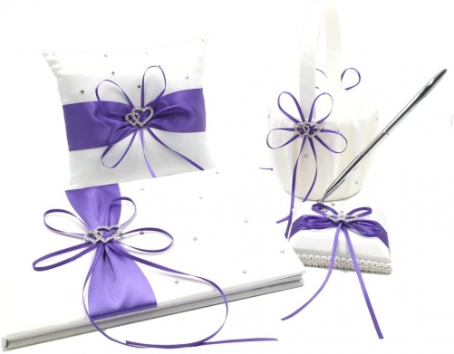 Double Heart Rhinestone Wedding Guest Book + Pen Set + Flower Basket + Ring Pillow Ribbon Bowknot Décor Party Favor-Purple