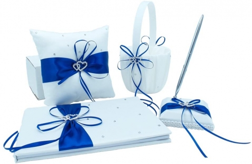 Double Heart Rhinestone Wedding Guest Book + Pen Set + Flower Basket + Ring Pillow Ribbon Bowknot Décor Party Favor-Royal Blue