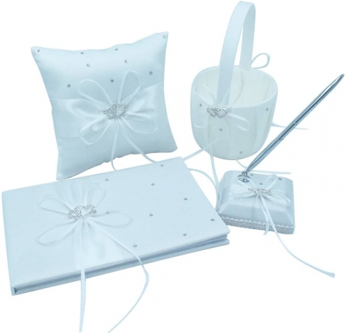 Double Heart Rhinestone Wedding Guest Book + Pen Set + Flower Basket + Ring Pillow Ribbon Bowknot Décor Party Favor-Milk White