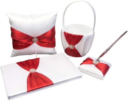 4 in All Wedding Guest Book + Pen Set + Flower Basket + Ring Pillow Rhinestone Party Favor-Red