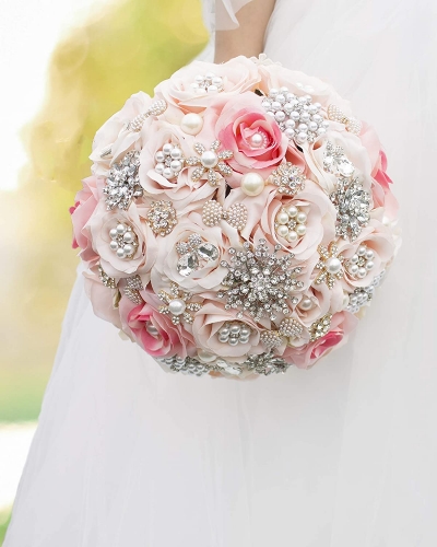 20CM Mixed Color Silk Ribbon Rose Wedding Flower Bouquet Luxury Pearl  Crystal Brooch Bridal Bouquet Handmade Creative Bridesmaid Holding Flowers