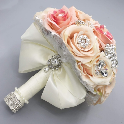Abbie Home Handmade Bridal/Brooch/Bridesmaids Bouquet Satin Roses with Crystal Diamond Pearl Decor (ivory)