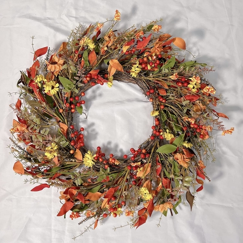 26 Inches Fall Front Door Wreath, Artificial Floral Wreath with Colorful Daisies and Autumn Foliage Fall Orange Wreath for Front Door Wall Window and 
