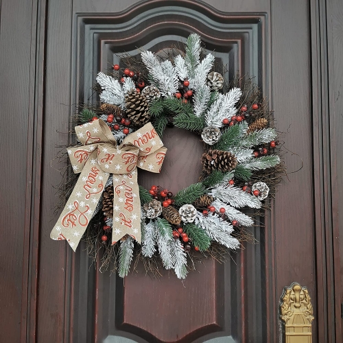 22" Christmas Wreath -Xmas Wreath Pine Needles Red Berries Pinecones Wreath with Lace Bow for Front Door Window Holiday Seasonal Home Decoration (Wrea