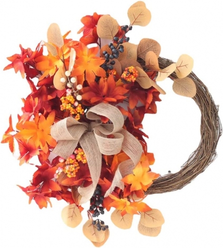 18 Inches Autumn Wreath for Front Door Outside Harvest Wreath with Maple Leaves, Berries and Eucalyptus Leaves for Autumn & Halloween & Thanksgiving D