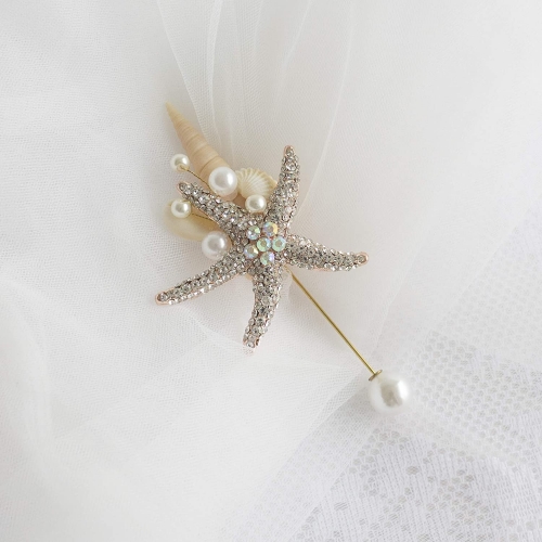 Beach Wedding Starfish and Pearl Gold Wrist Corsage for Bride and Bridesmaid, Boutonniere for Men, Classic Rustic Boho Wedding Accessories