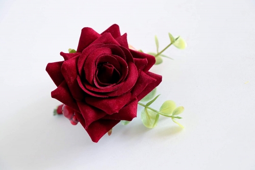 Wedding Burgundy Silk Blooming Rose Real Touch Eucalyptus Corsage