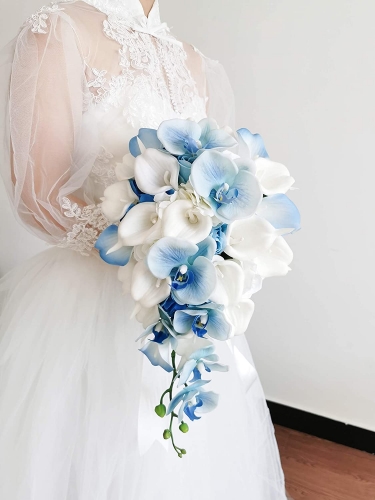 White Calla Lily and Blue Phalaenopsis Cascading Bride Bouquet Waterfall Wedding Flower with Rhinestone Satin Ribbon Décor