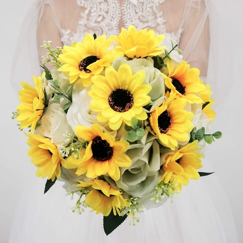 Artificial Rose Yellow Sunflower Bridal Bouquet Rustic Silk Flower Bouquet, Wedding Holding Flower for Bride Bridesmaid Yellow Flowers for Wedd