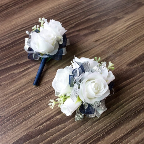 Ivory Rose Flower Wrist Corsage Boutonniere Set Bridesmaid Wrist Corsage Bracelet & Groom and Best Man Boutonniere for Wedding Flowers Accessories Pro