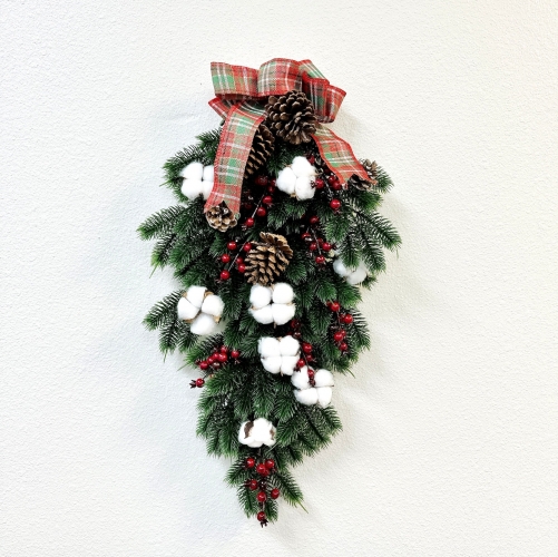26" Christmas Swag, Artificial TeardropSwag with Large Red Grid Bow Xmas Front Door Wreath with Pinecone Red Berries Cotton for Christmas Holiday Part