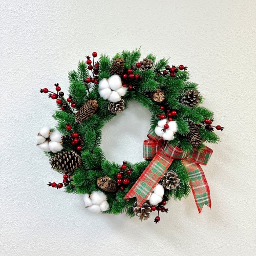 20" Christmas Wreath - Artificial Pine Wreath Pine Needles Spruce Red Berries Pinecones Flocked Cedar Twigs Holiday Front Door Wreath for Christmas Se