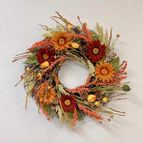 24" Sunflower Wreath for Fall - Red Orange Floral Wreaths with Green Leaves Pinecones for Front Door