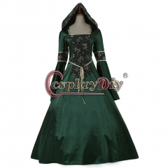 Dark Green Vintage Medieval Victorian Gothic Dress Vampire Hooded Costume
