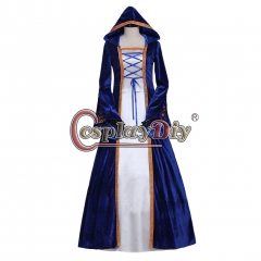 White and Blue Medieval Victorian Dress Gothic Ball Gown Vampire Hooded Costume