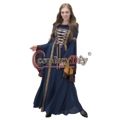 Renaissance  Dresses Traditional Women Adult Vintage Royal Gothic Long Sleeve Blue Dress With Decorative Border