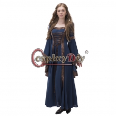 Women Medieval Long Sleeve Dresses Gowns Vintage Royal Gothic Victorian Blue Dress