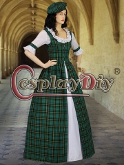 Cosplaydiy Scottish Highland Tartan Two Piece Traditional Dress Handmade in Tartan Plaid for women adult green dress