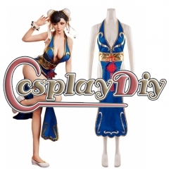 Street Fighter Chun Li Blue Cheongsam Dress Belt Headgear Chun-Li Cosplay Costume