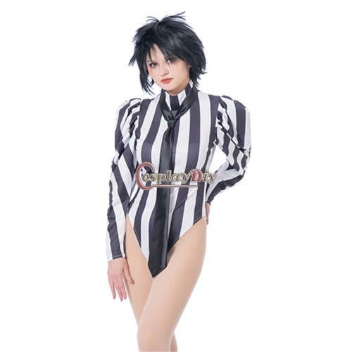 Cosplaydiy Beetlejuice Sexy Black White Stripes Style Women Jumpsuit Victorian Sleeve Bodysuit Halloween Party Outfits