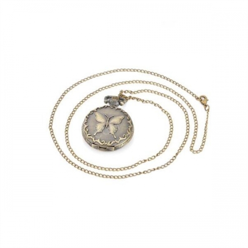 WAH92 Butterfly Engraving Alloy Necklace Women Quartz Chain Antique Pocket Watch