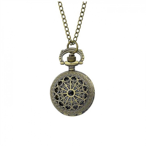 WAH101 Cute Antique Bronze Hollow Small Pocket Quartz Watch Pendant Necklace