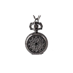 WAH101 Vintage Black Openwork Cover Small Pocket Watch with Necklace Chain