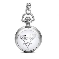 WAH01 Silver Tone Roses Pendant Necklace Small Pocket Watch Long Chain