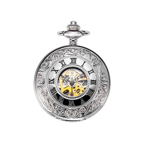 WAH257 Mens Retro Mechanical Skeleton Pocket Watch Silver Two Covers Roman Numerals