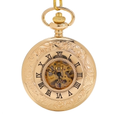 WAH258 Two-way Opening Pocket Watch Skeleton Mechanical Golden Case Roman Numerals