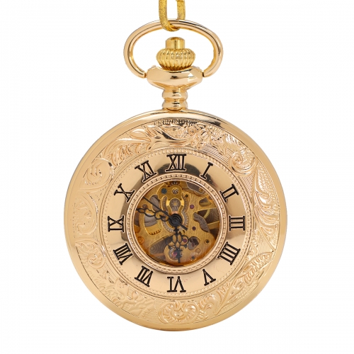 WAH258 Two-way Opening Pocket Watch Skeleton Mechanical Golden Case Roman Numerals