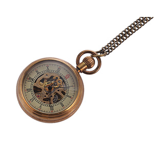 WAH794 Mechanical Antique Gold Look Pocket Watch Long Necklace Chain