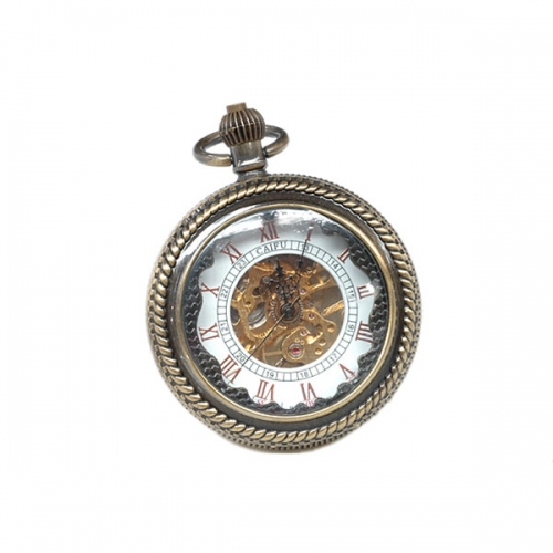 WAH275 Antique Aeneous Steampunk Open Face Mechanical Mens Pocket Watch with Chain