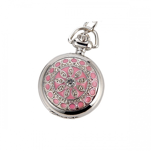 WAH144 Flower Pendant Necklace Watch Girls Ladies Style Pink Enamel with Silver Tone Casing