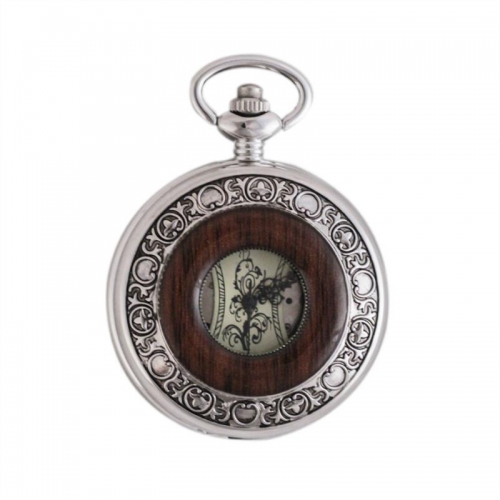 WAH279 Steampunk Silver Antique Wooden Mechanical Mens Pocket Watch