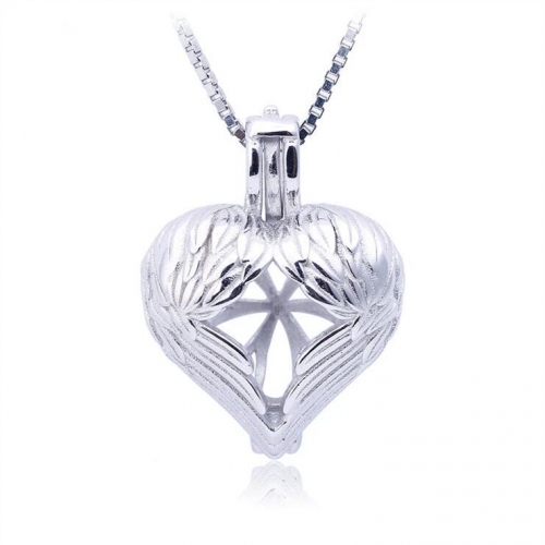 SSC88 Angel Wings Heart Shaped Locket Cages 925 Sterling Silver Pearl Pendant Mounting