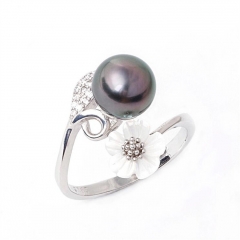 SSR93 White Shell Flower Design Leaf Zircons 925 Sterling Silver Pearl Ring Mount