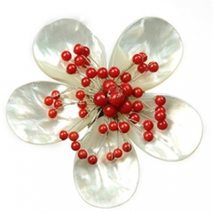 BRH34 Mother of Pearl White Shell Handmade Flower Brooches Coral Jewelry