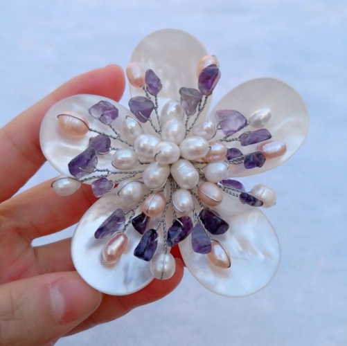BRH37 Amethyst and Freshwater Pearl Natural White Shell Handmade Flower Brooch