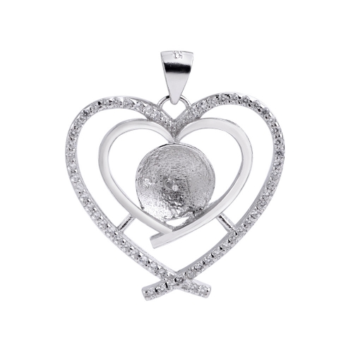 SSP248 DIY Gift 925 Silver Double Heart Pendant CZ Surrounded for Big Pearl Findings