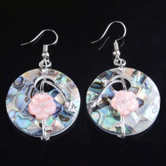 MOP33 Circle Round Pink Carved Flower Paua Abalone Ladies Jewelry Shell Mosaic Earring