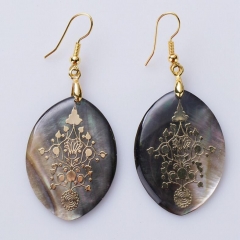 MOP111 Vintage Dangle Hook Earring Natural Black Shell with Gold Foil