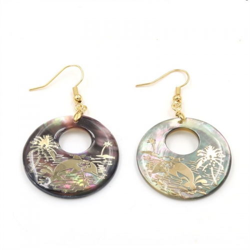 MOP43 Ocean Themed Jewellery Dolphin Coconut Tree Pattern Circle Charms Natural Black Shell Earrings