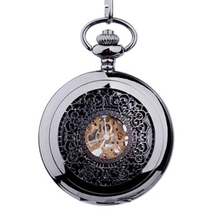 WAH185 Antique Mechanical Hand Wind Black Pocket Watch Chain