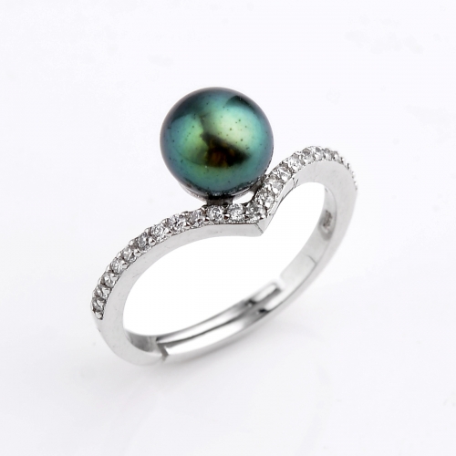 FPR153 Round Peacock Green Freshwater Pearl Mounted 925 Sterling Silver Zircons Ring