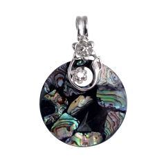 MOP135 Round Disc Abalone Pendant with Flower Branch Natural Sea Paua Shell Jewelry