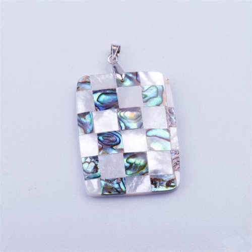 MOP54 Genuine White Shell with Paua Sea Shells Plaid Rectangle Pendant