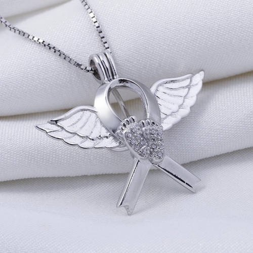 SSC67 Angel Wing Baby Feet Pendant Mounting Zircons 925 Sterling Silver Love Wish Pearl Cage